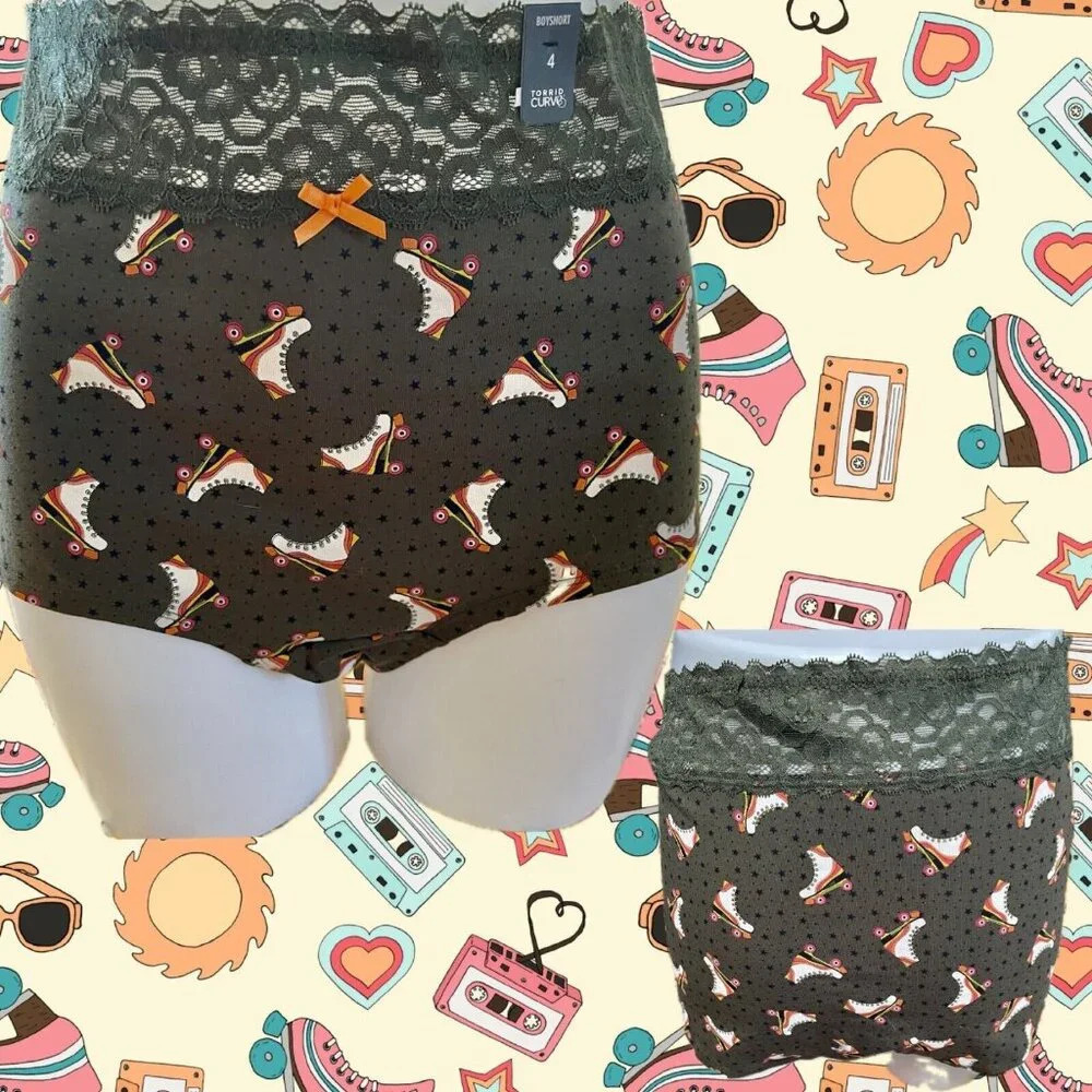 Torrid +4 Hunter Green Roller Skate Print Lace Waistband Cotton Boyshort Panties